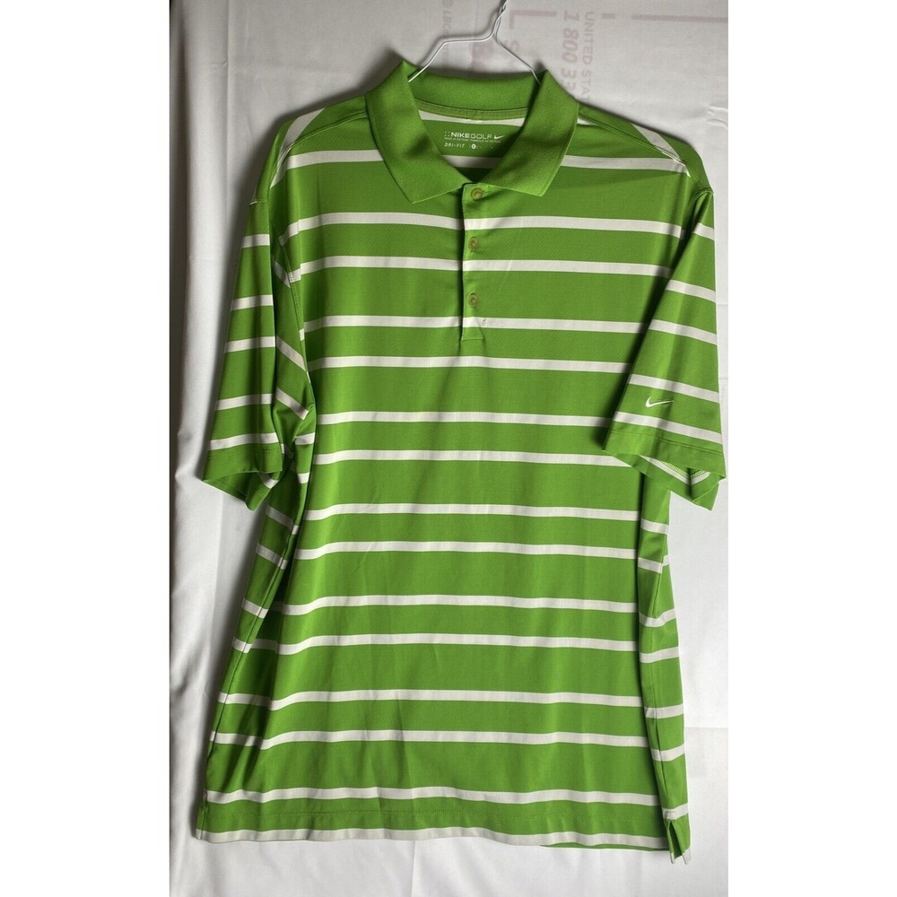 Nike Golf Polo Shirt Mens Large DriFit  Performance Striped Green Short Sleeve